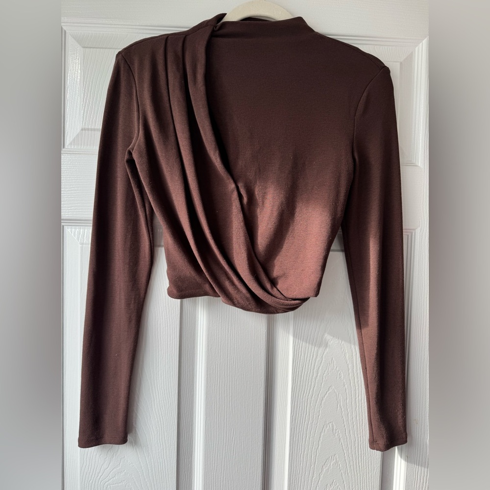 Astr Asymmetric Pleated Cutout Mock Neck Long Sleeved Top